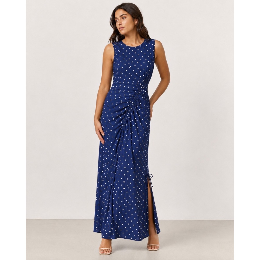 Baum Und Pferdgarten Allanna Dress 38 US 6 Blue Margot Dot Ruched Silk Blend NWT